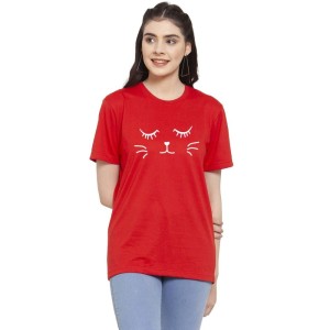 Women's Cotton Blend Graphic Cat Printed T-Shirt