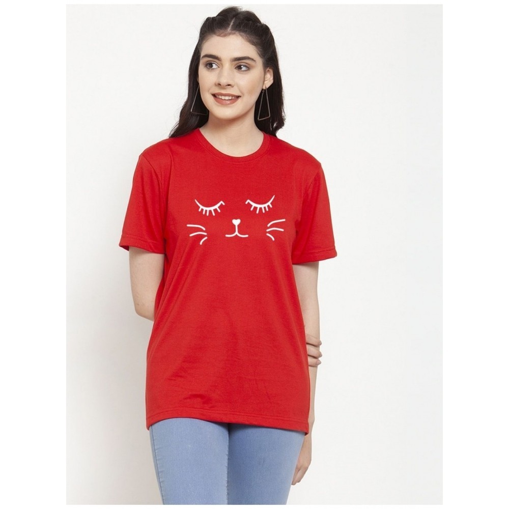 Women's Cotton Blend Graphic Cat Printed T-Shirt