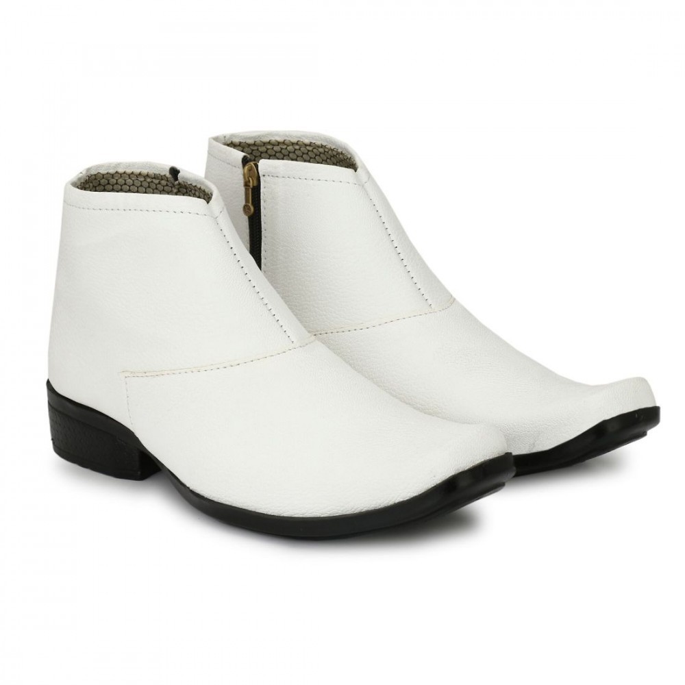 Men's White Color Leatherette Material Casual Boots