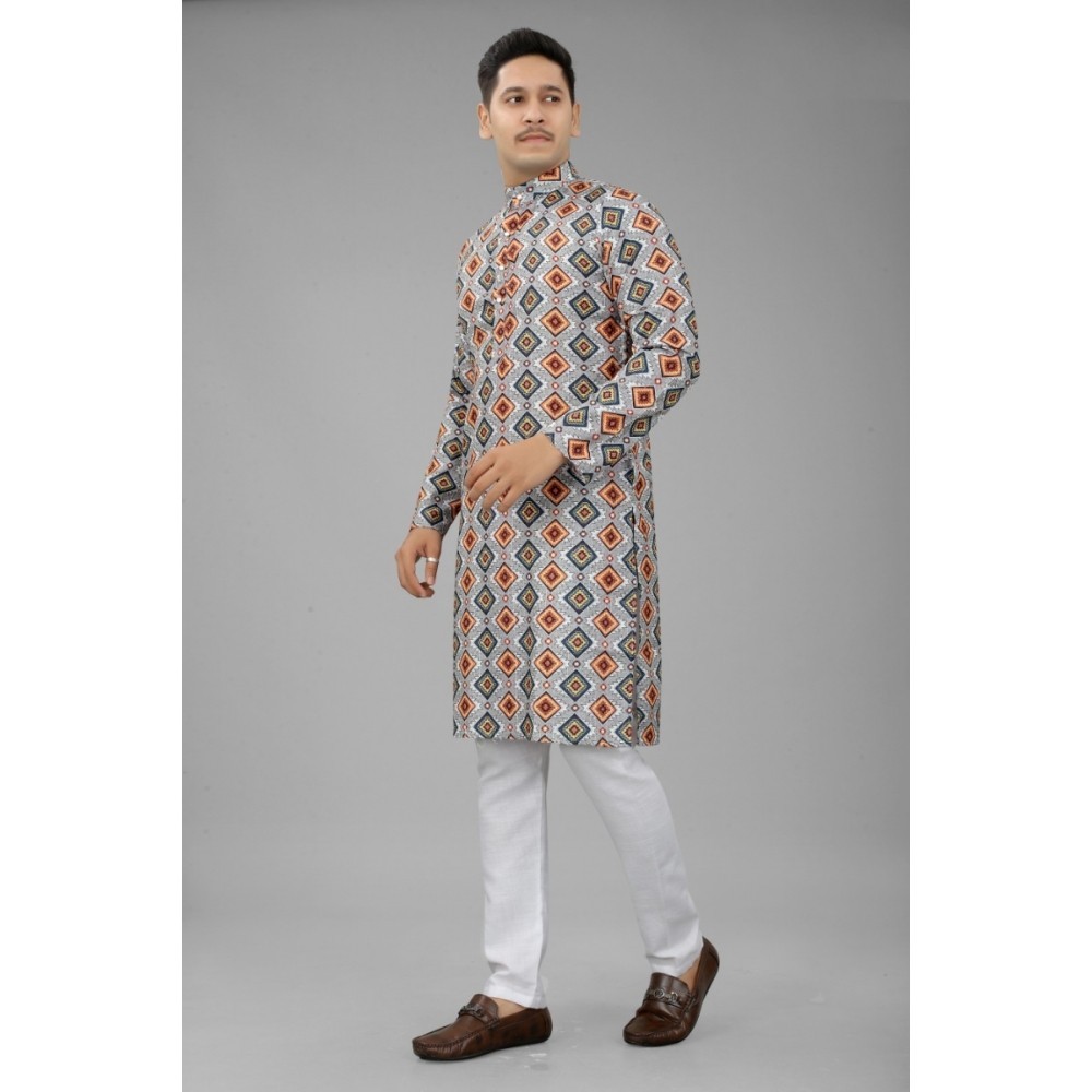 Men's Multi Color Full Sleeves Mandarin Collar Printed Ethnic Kurta Set