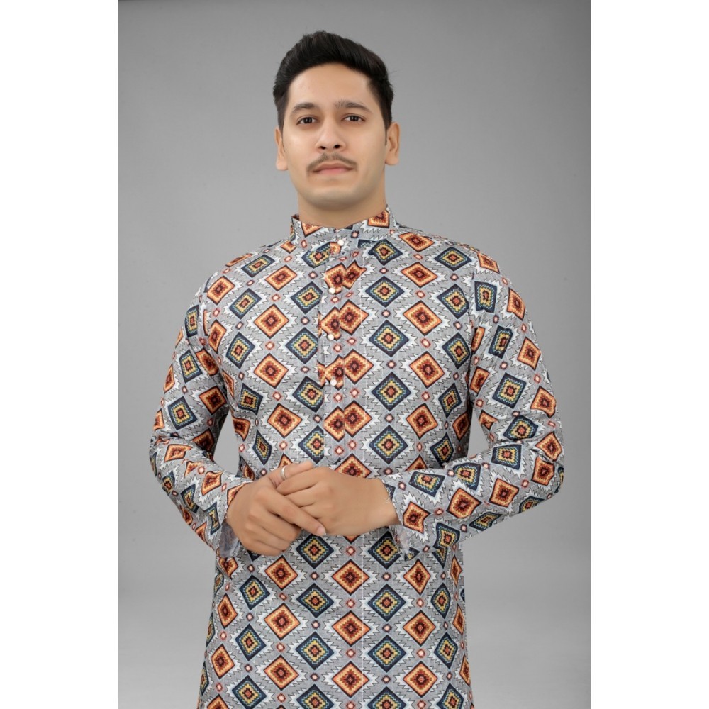 Men's Multi Color Full Sleeves Mandarin Collar Printed Ethnic Kurta Set