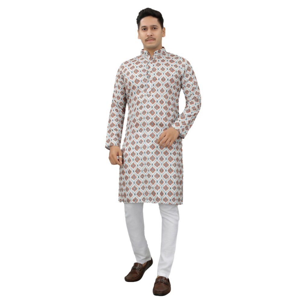 Men's Multi Color Full Sleeves Mandarin Collar Printed Ethnic Kurta Set