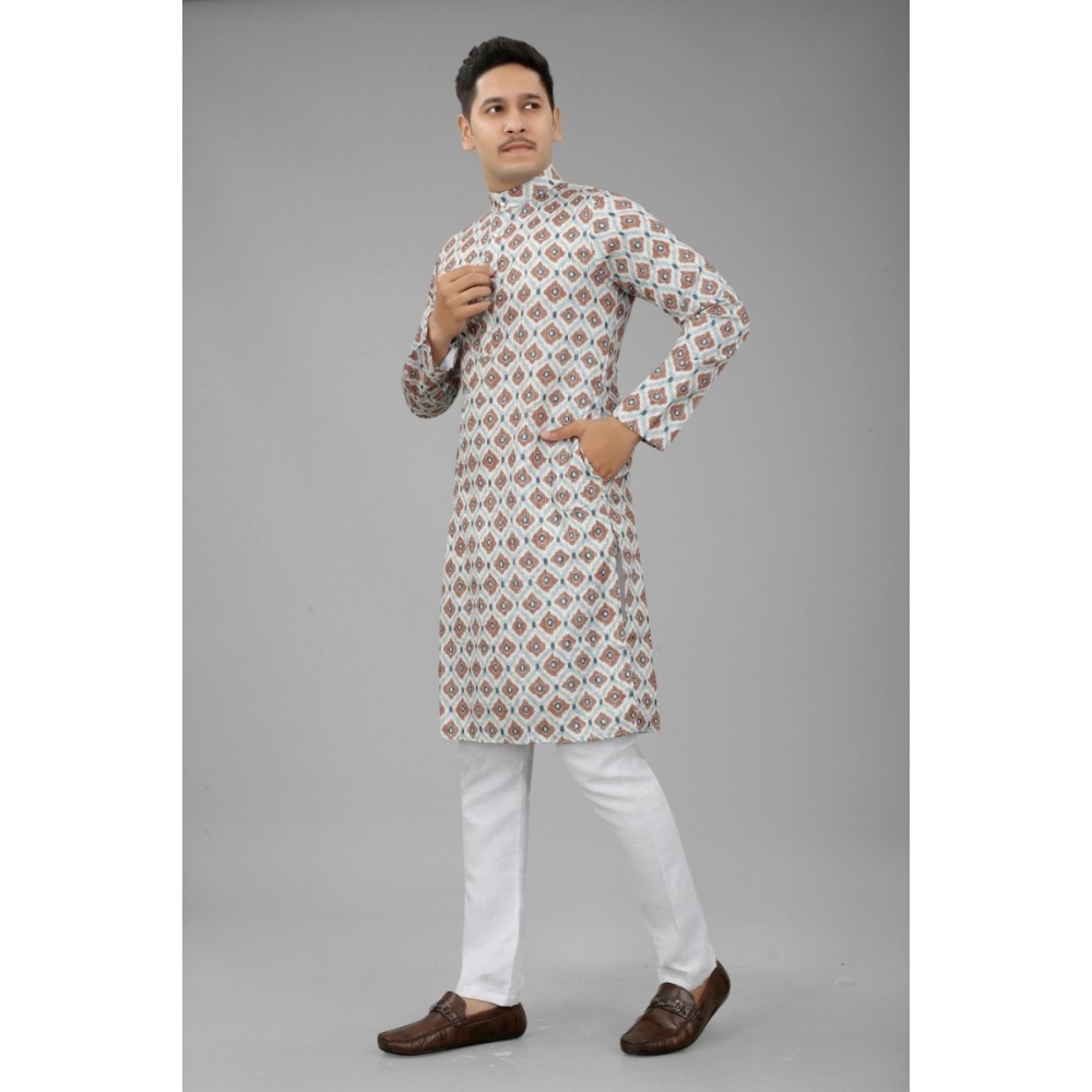 Men's Multi Color Full Sleeves Mandarin Collar Printed Ethnic Kurta Set