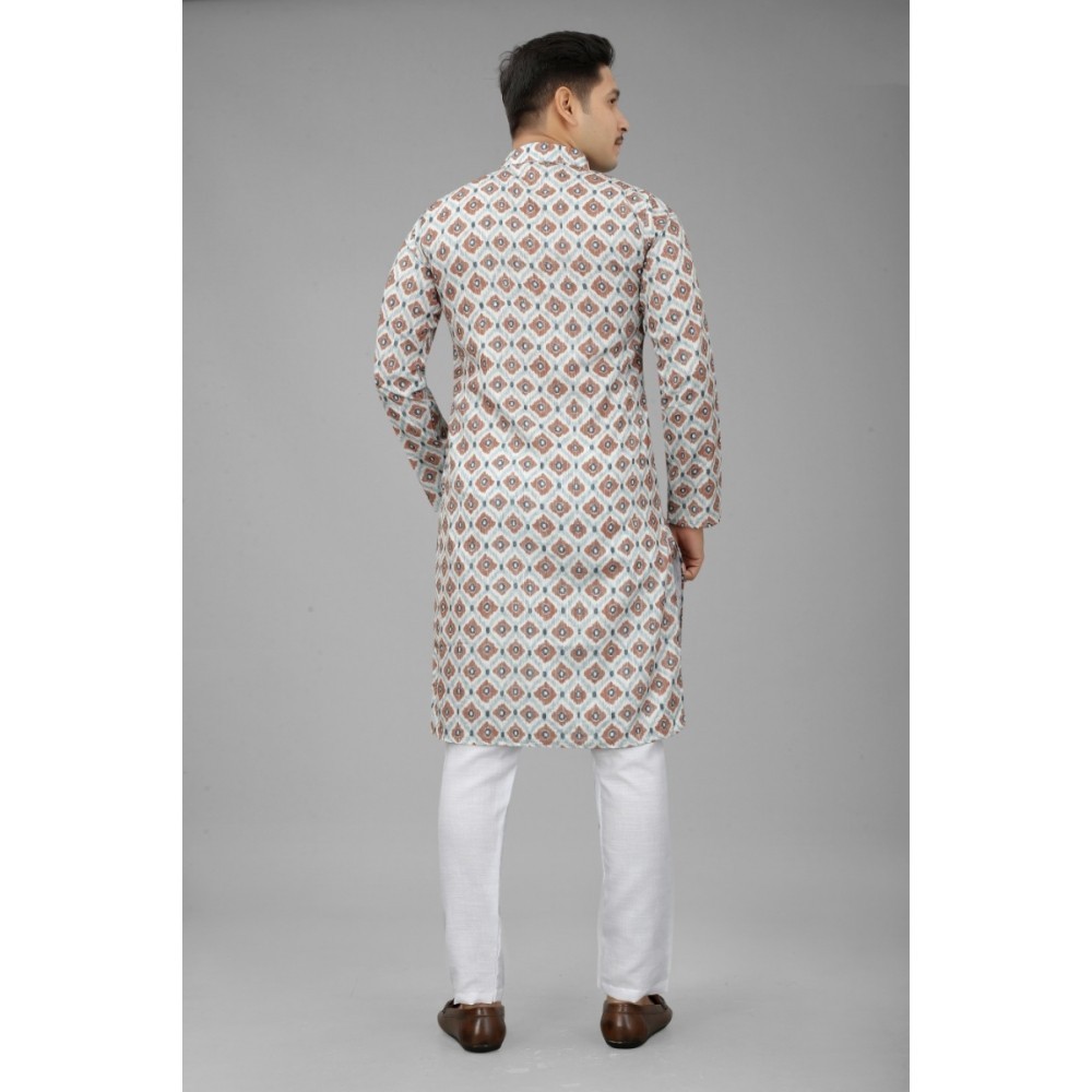 Men's Multi Color Full Sleeves Mandarin Collar Printed Ethnic Kurta Set