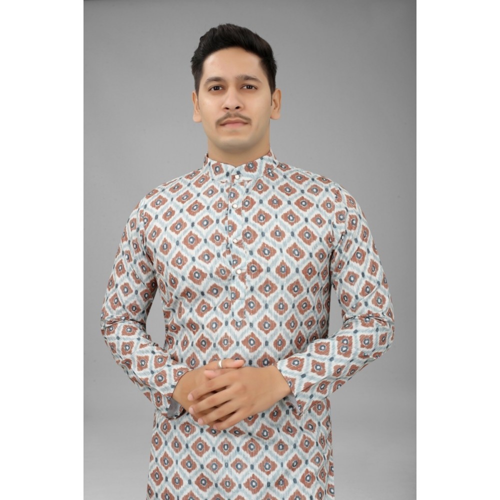 Men's Multi Color Full Sleeves Mandarin Collar Printed Ethnic Kurta Set