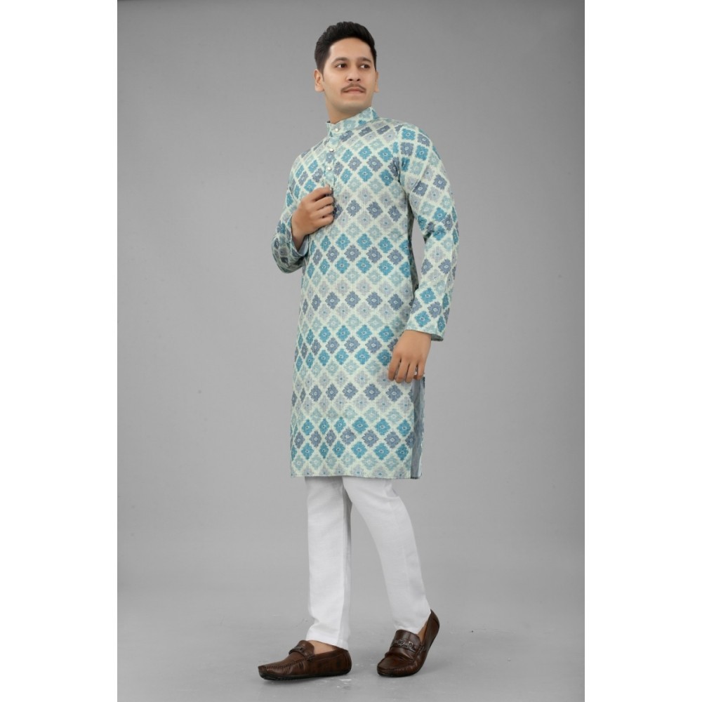 Men's Multi Color Full Sleeves Mandarin Collar Printed Ethnic Kurta Set
