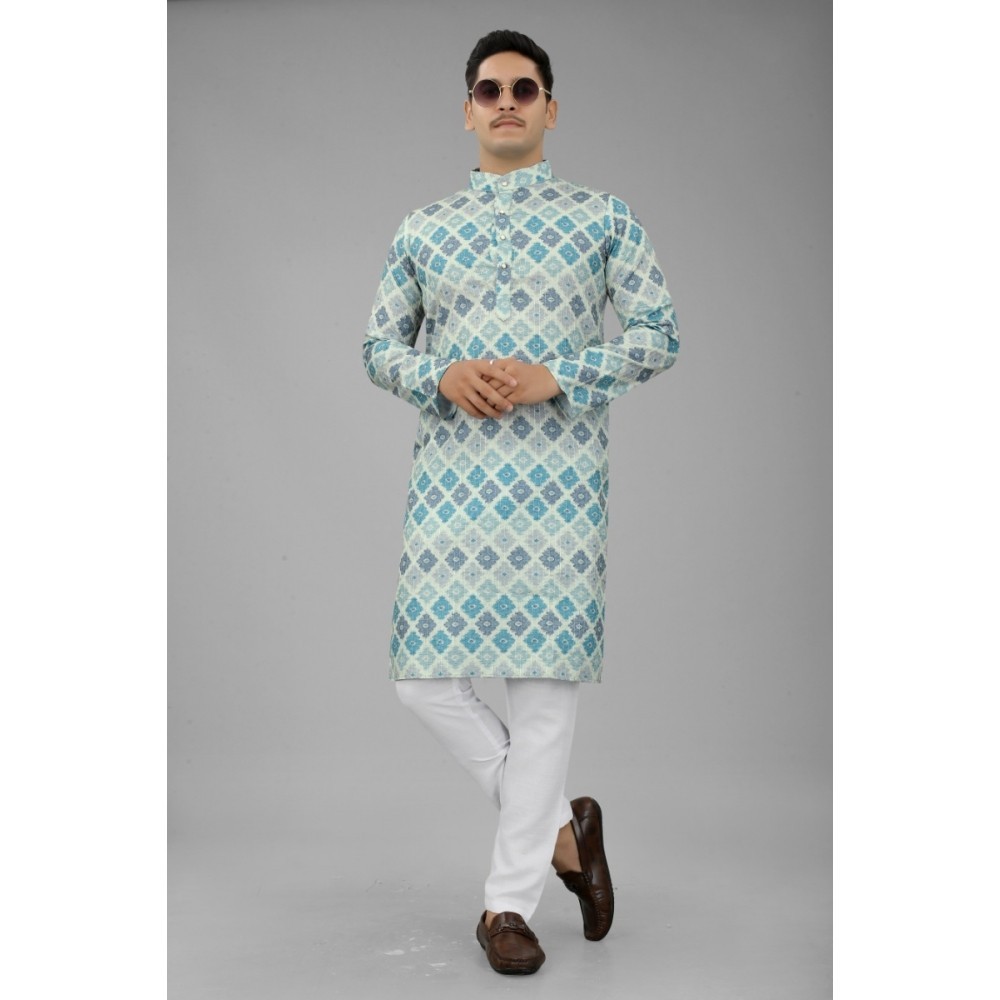 Men's Multi Color Full Sleeves Mandarin Collar Printed Ethnic Kurta Set