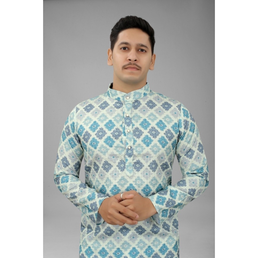 Men's Multi Color Full Sleeves Mandarin Collar Printed Ethnic Kurta Set