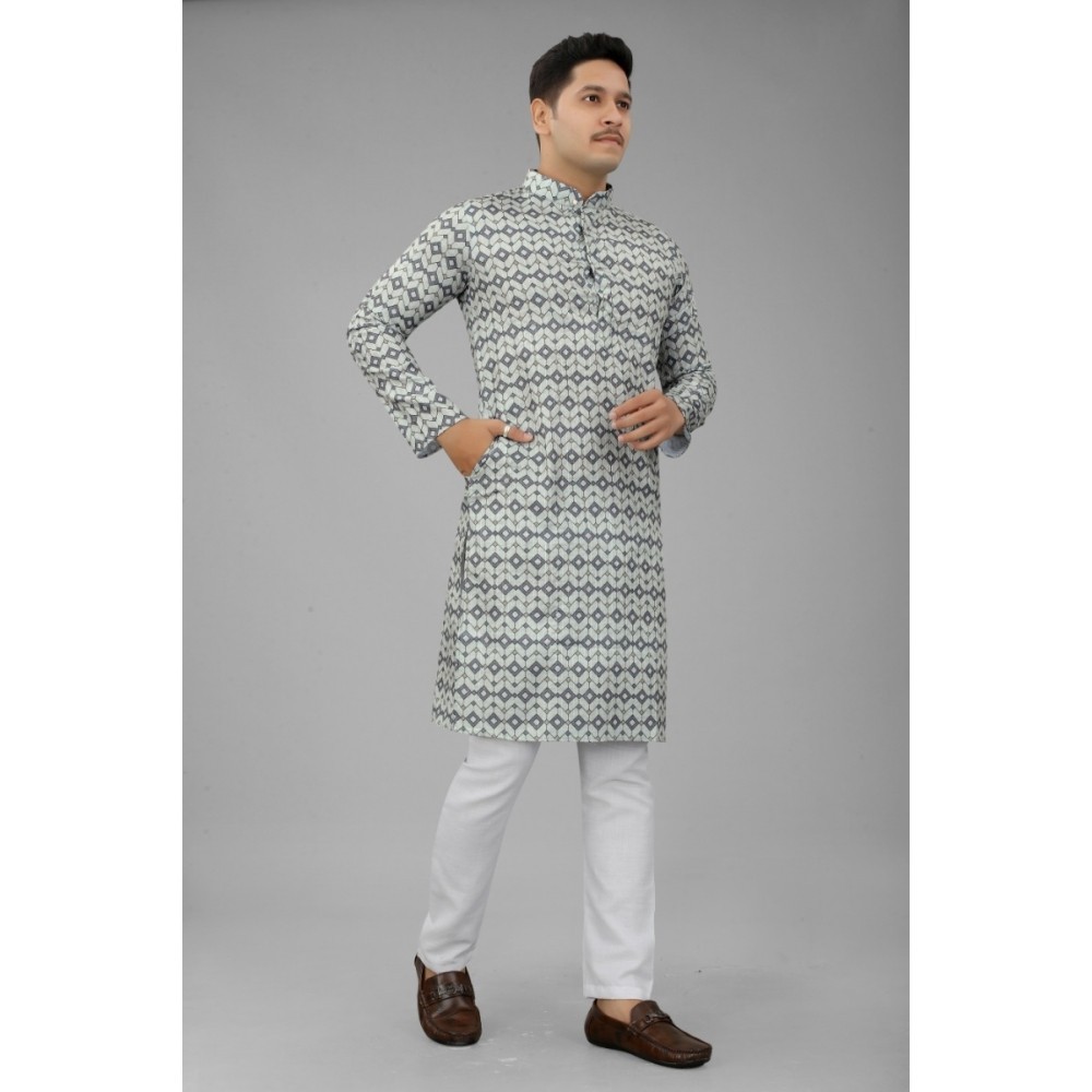 Men's Multi Color Full Sleeves Mandarin Collar Printed Ethnic Kurta Set