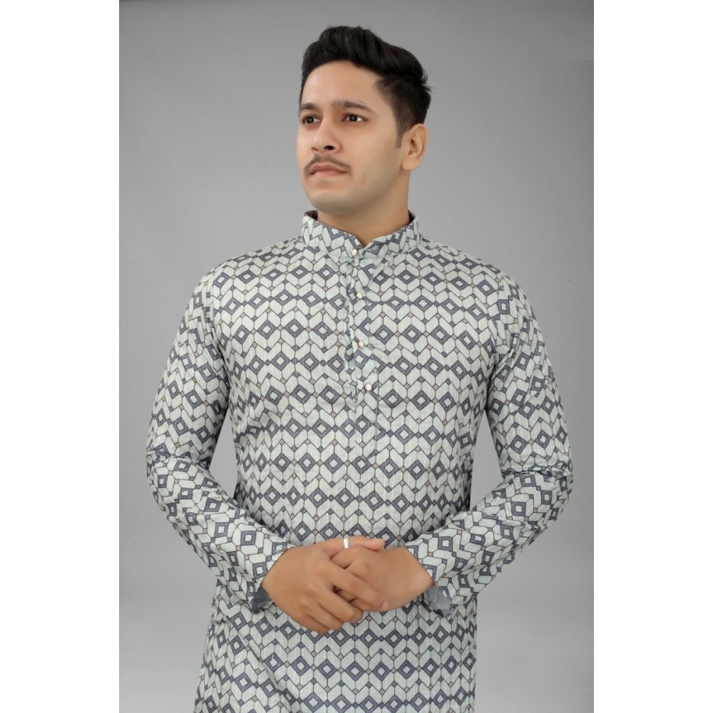 Men's Multi Color Full Sleeves Mandarin Collar Printed Ethnic Kurta Set