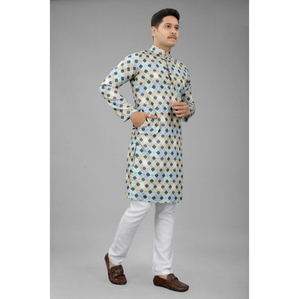 Men's Multi Color Full Sleeves Mandarin Collar Printed Ethnic Kurta Set