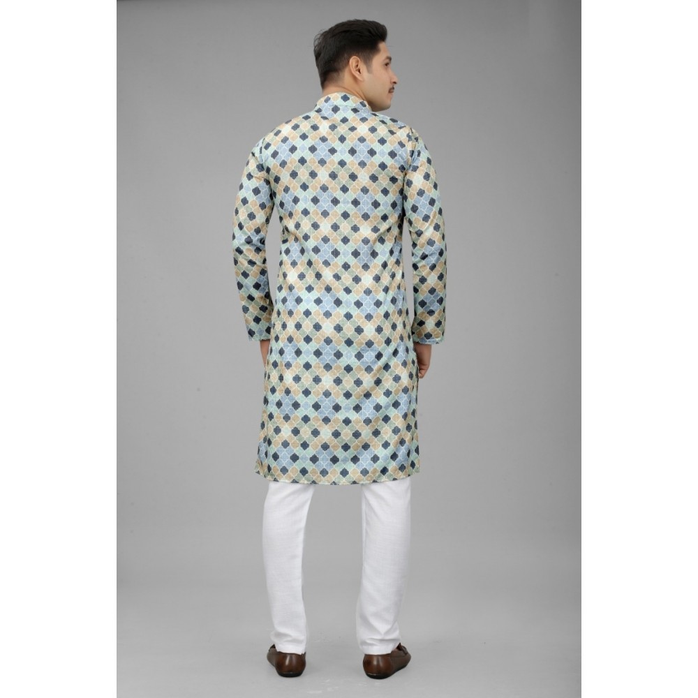 Men's Multi Color Full Sleeves Mandarin Collar Printed Ethnic Kurta Set