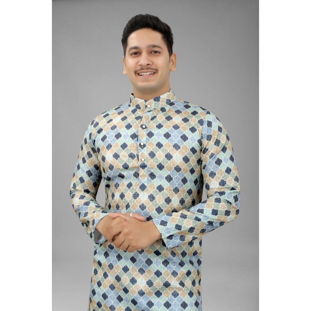Men's Multi Color Full Sleeves Mandarin Collar Printed Ethnic Kurta Set