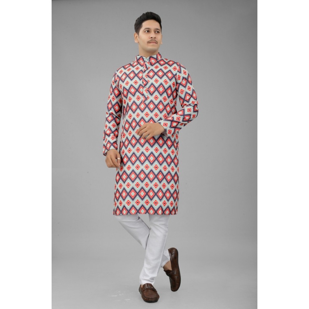 Men's Multi Color Full Sleeves Mandarin Collar Printed Ethnic Kurta Set