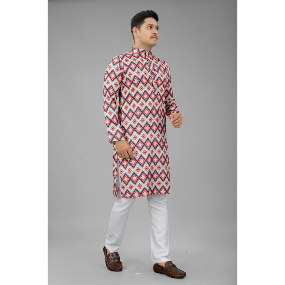 Men's Multi Color Full Sleeves Mandarin Collar Printed Ethnic Kurta Set