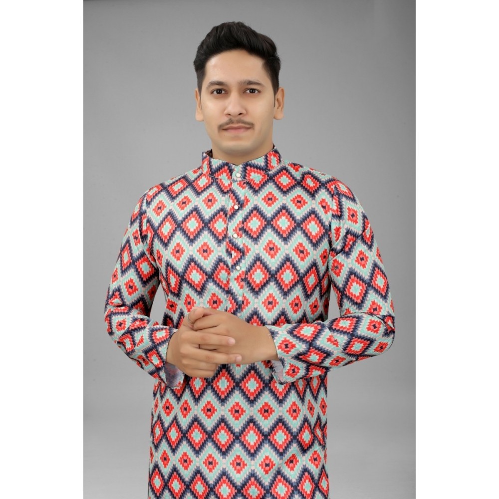 Men's Multi Color Full Sleeves Mandarin Collar Printed Ethnic Kurta Set