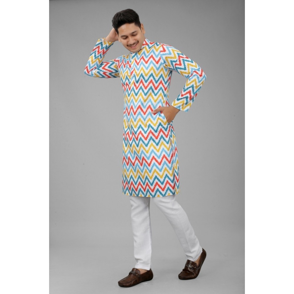 Men's Multi Color Full Sleeves Mandarin Collar Printed Ethnic Kurta Set