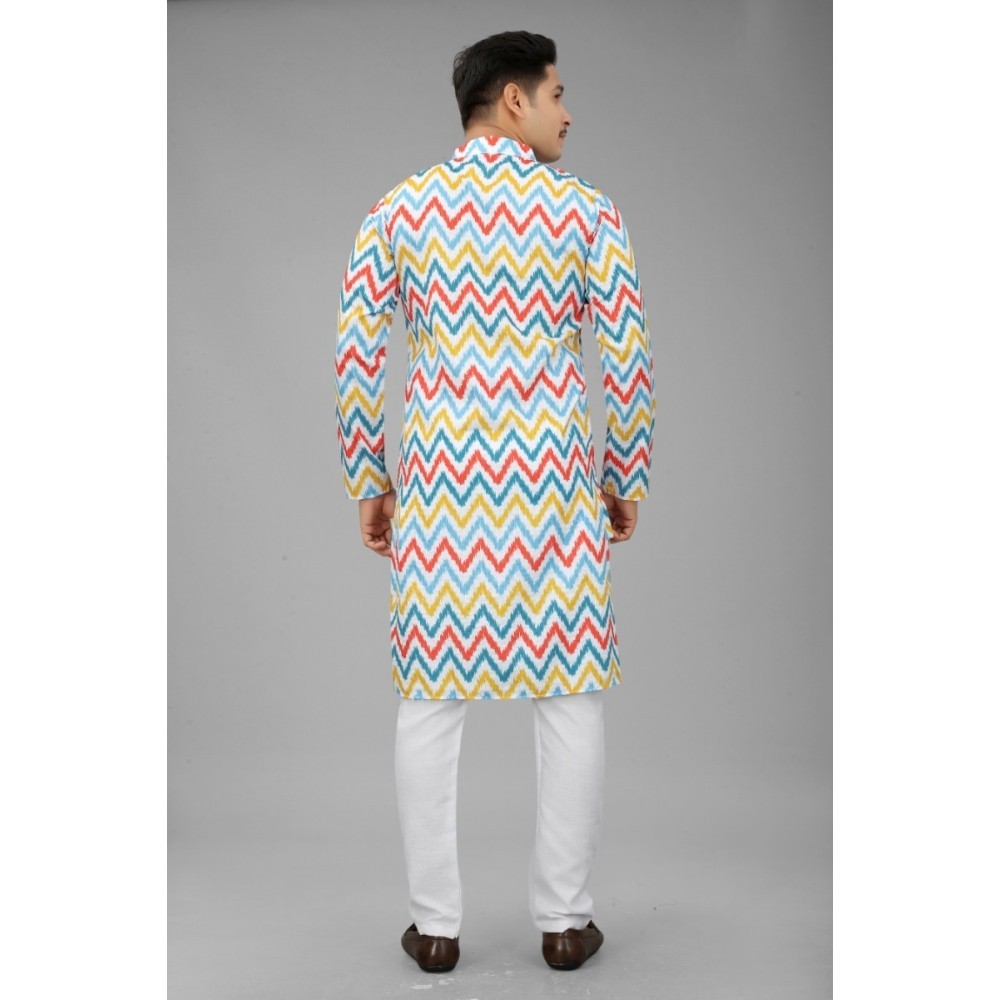 Men's Multi Color Full Sleeves Mandarin Collar Printed Ethnic Kurta Set