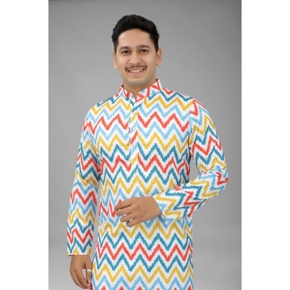 Men's Multi Color Full Sleeves Mandarin Collar Printed Ethnic Kurta Set