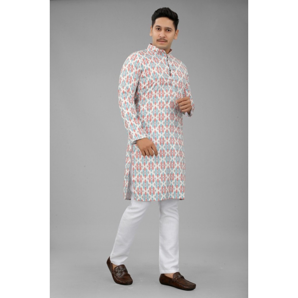 Men's Multi Color Full Sleeves Mandarin Collar Printed Ethnic Kurta Set