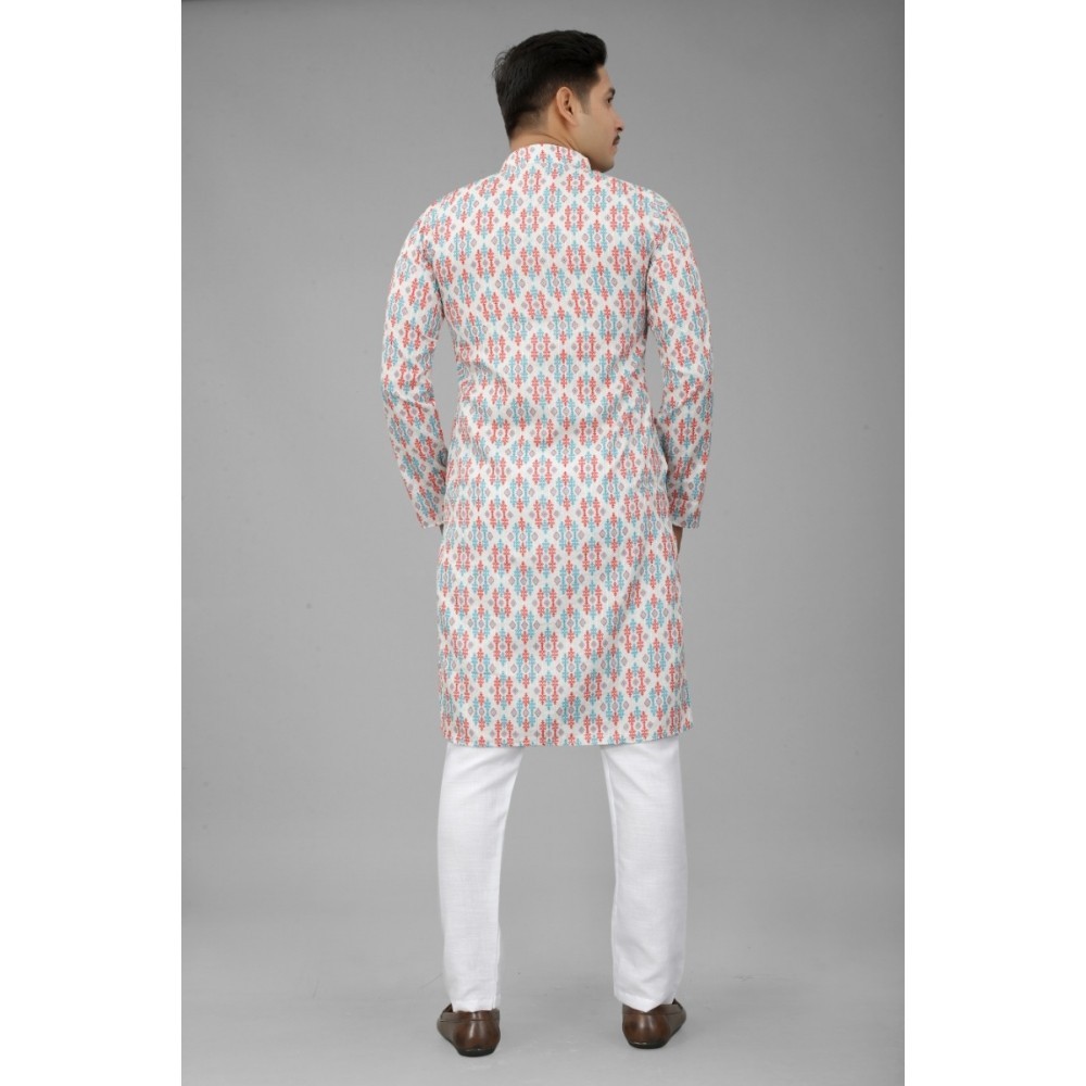 Men's Multi Color Full Sleeves Mandarin Collar Printed Ethnic Kurta Set