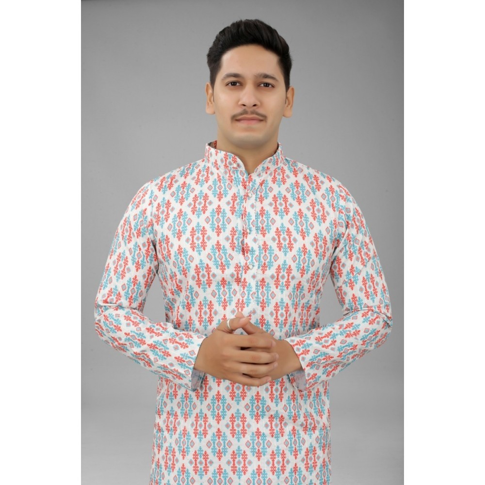 Men's Multi Color Full Sleeves Mandarin Collar Printed Ethnic Kurta Set
