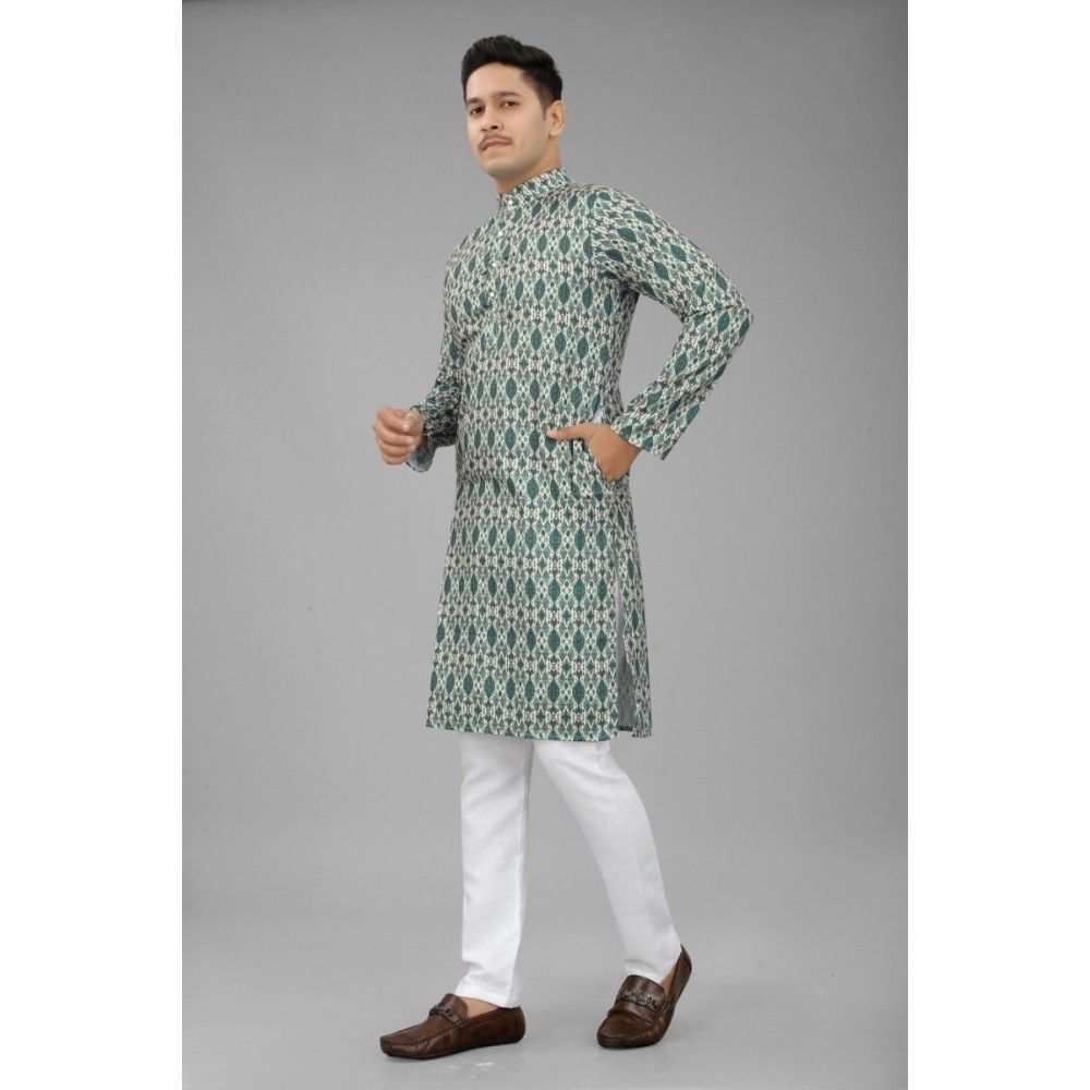 Men's Multi Color Full Sleeves Mandarin Collar Printed Ethnic Kurta Set