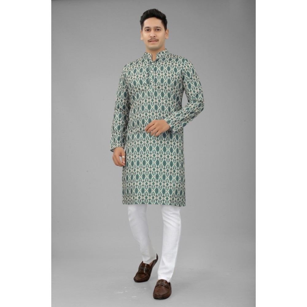 Men's Multi Color Full Sleeves Mandarin Collar Printed Ethnic Kurta Set