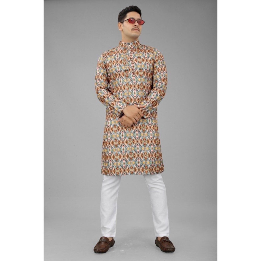 Men's Multi Color Full Sleeves Mandarin Collar Printed Ethnic Kurta Set