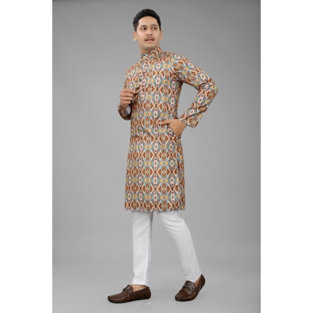 Men's Multi Color Full Sleeves Mandarin Collar Printed Ethnic Kurta Set