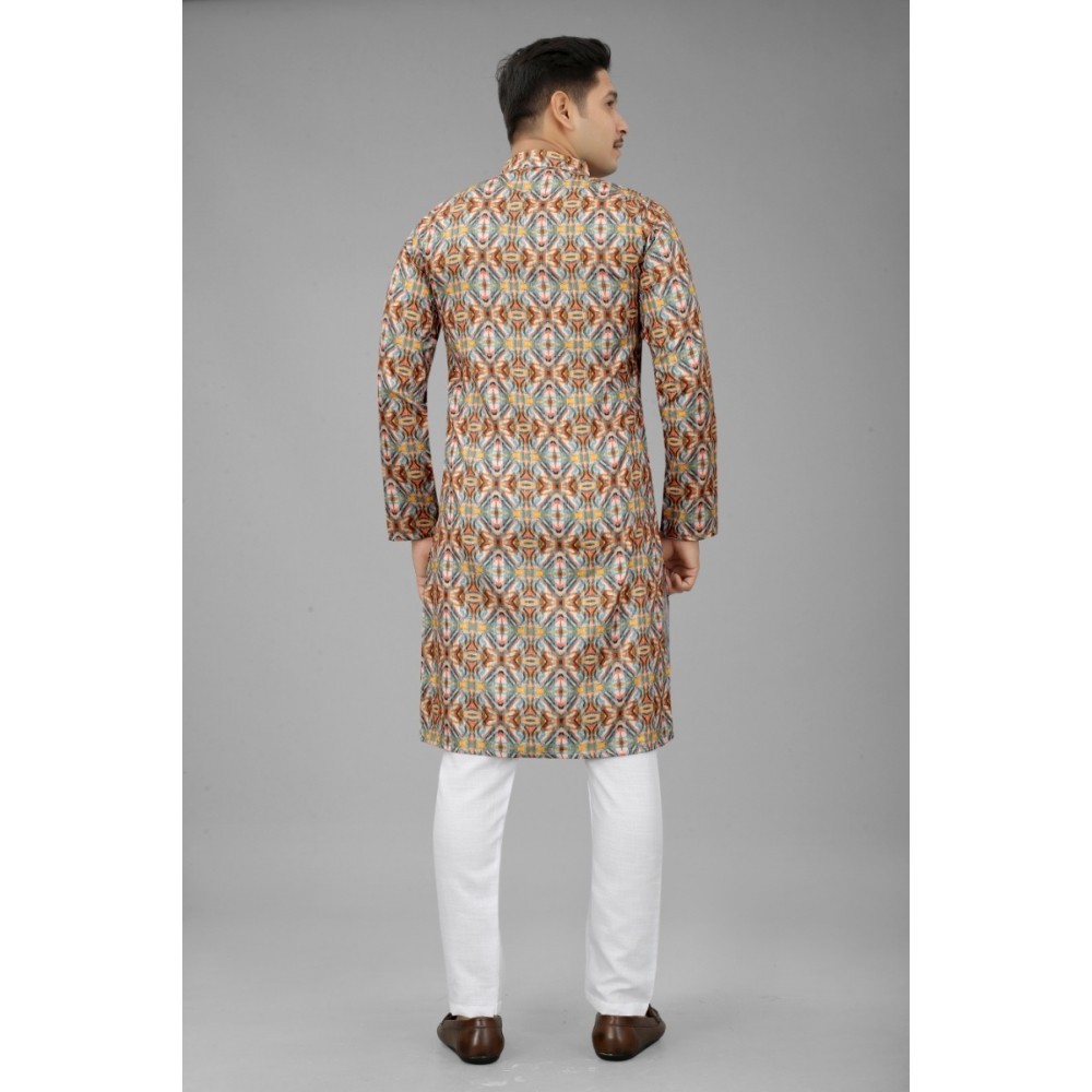 Men's Multi Color Full Sleeves Mandarin Collar Printed Ethnic Kurta Set