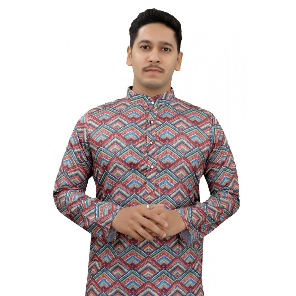 Men's Multi Color Full Sleeves Mandarin Collar Printed Ethnic Kurta Set