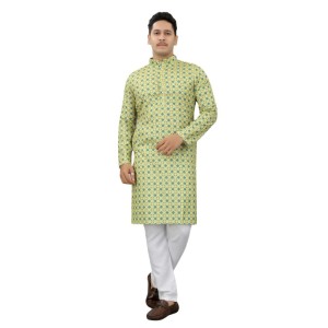 Men's Multi Color Full Sleeves Mandarin Collar Printed Ethnic Kurta Set