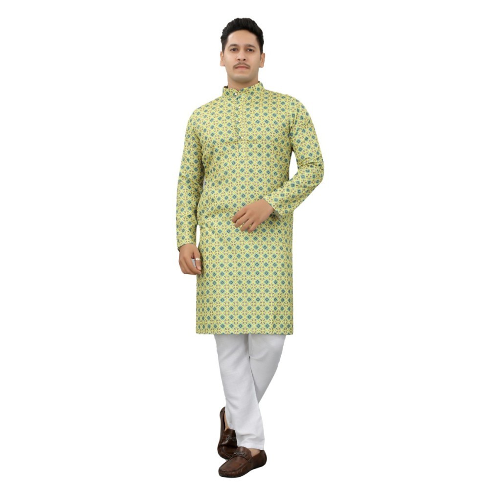 Men's Multi Color Full Sleeves Mandarin Collar Printed Ethnic Kurta Set