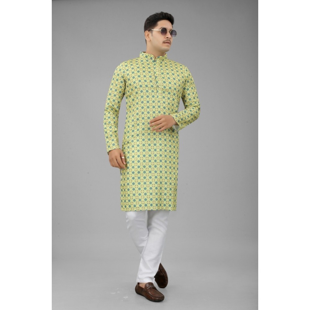 Men's Multi Color Full Sleeves Mandarin Collar Printed Ethnic Kurta Set