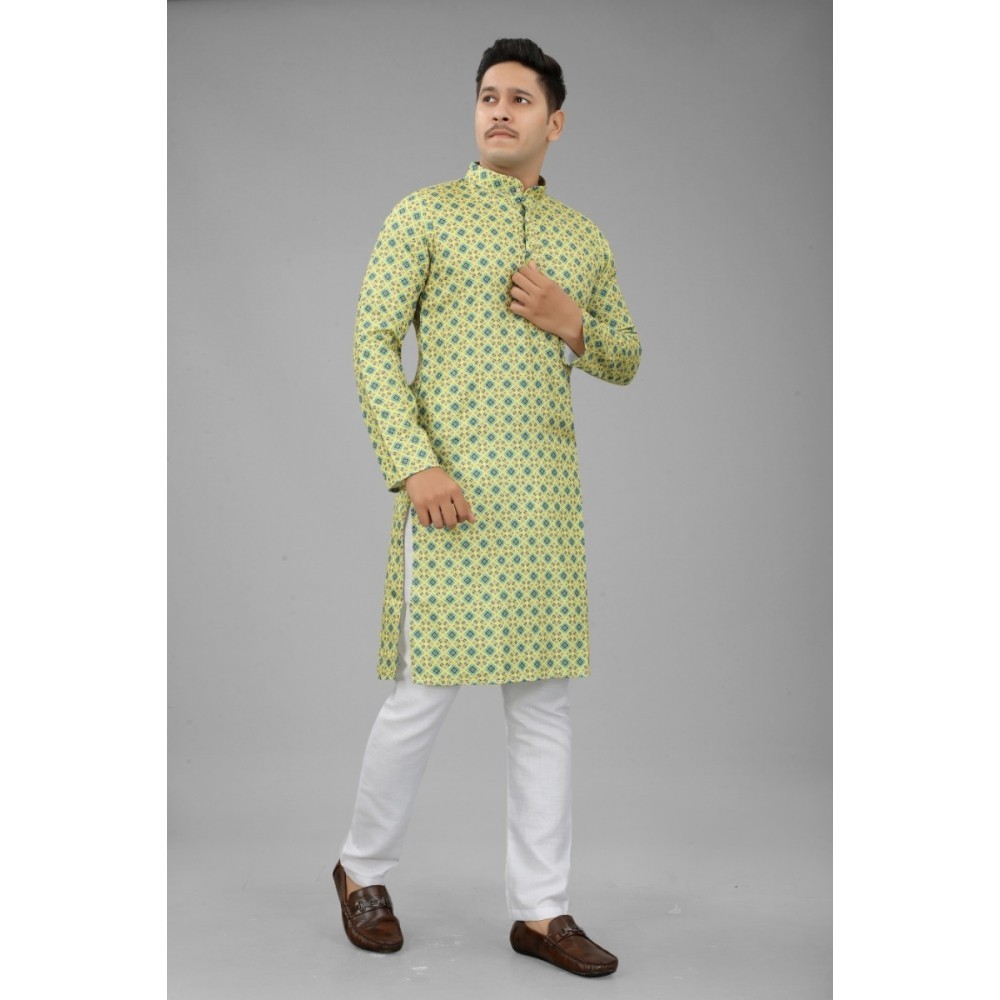 Men's Multi Color Full Sleeves Mandarin Collar Printed Ethnic Kurta Set