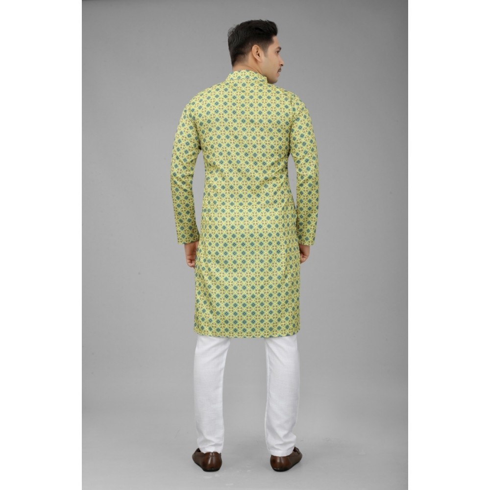 Men's Multi Color Full Sleeves Mandarin Collar Printed Ethnic Kurta Set
