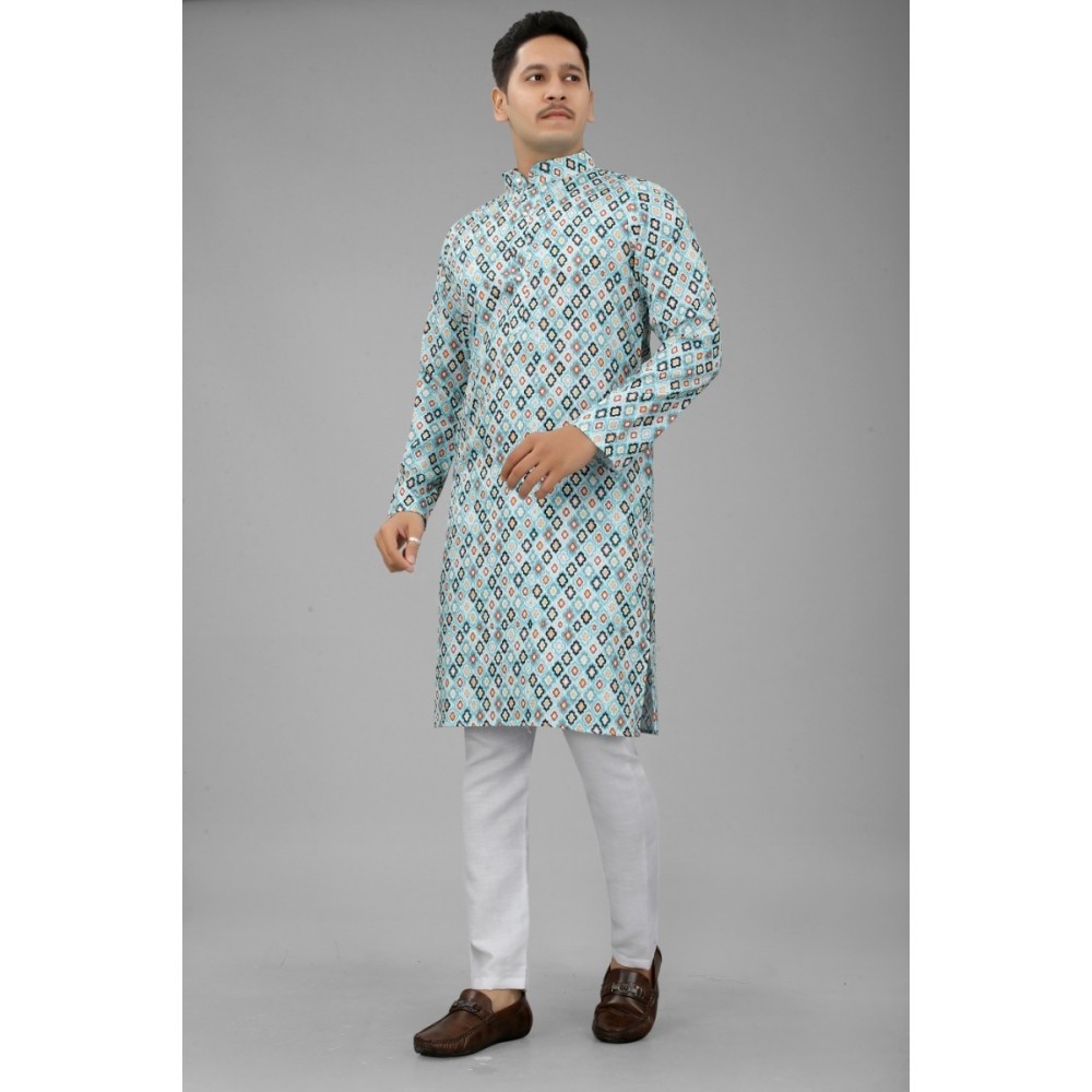 Men's Multi Color Full Sleeves Mandarin Collar Printed Ethnic Kurta Set