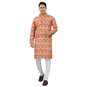 Men's Multi Color Full Sleeves Mandarin Collar Printed Ethnic Kurta Set