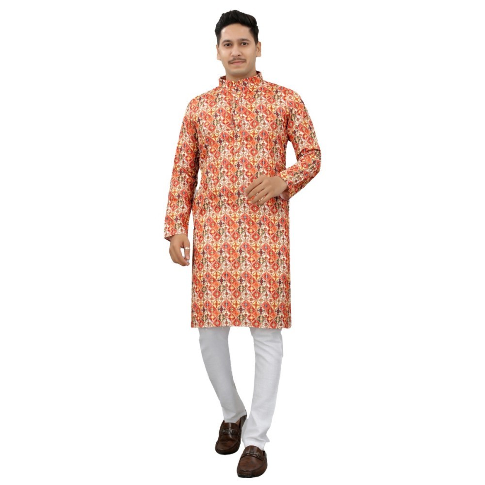 Men's Multi Color Full Sleeves Mandarin Collar Printed Ethnic Kurta Set