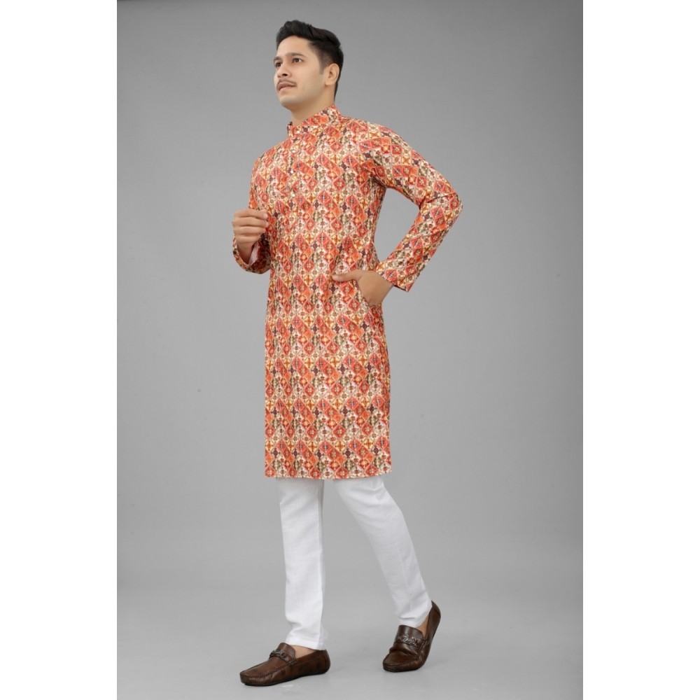Men's Multi Color Full Sleeves Mandarin Collar Printed Ethnic Kurta Set