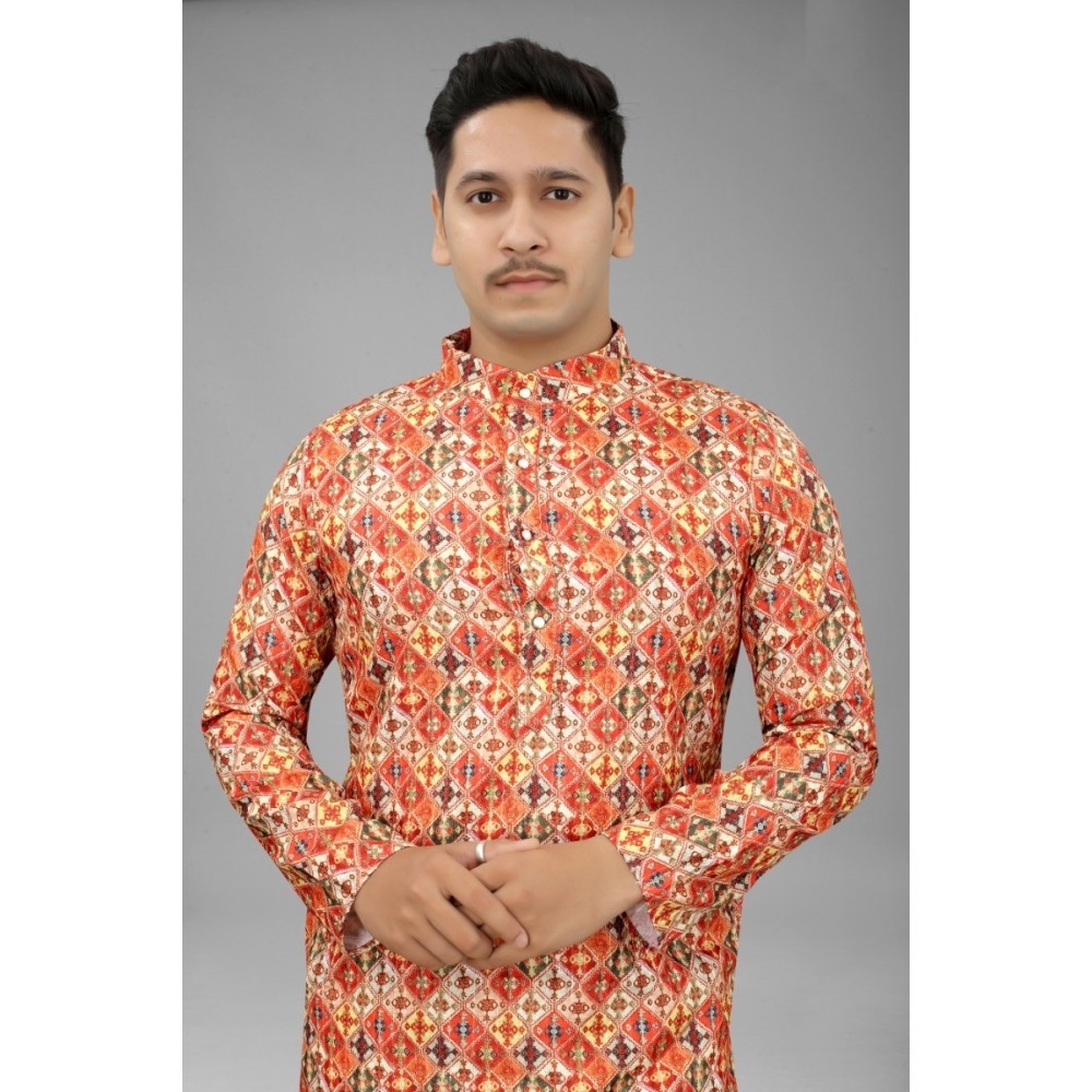 Men's Multi Color Full Sleeves Mandarin Collar Printed Ethnic Kurta Set