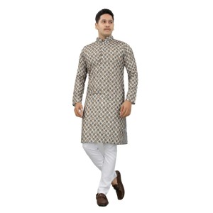 Men's Multi Color Full Sleeves Mandarin Collar Printed Ethnic Kurta Set