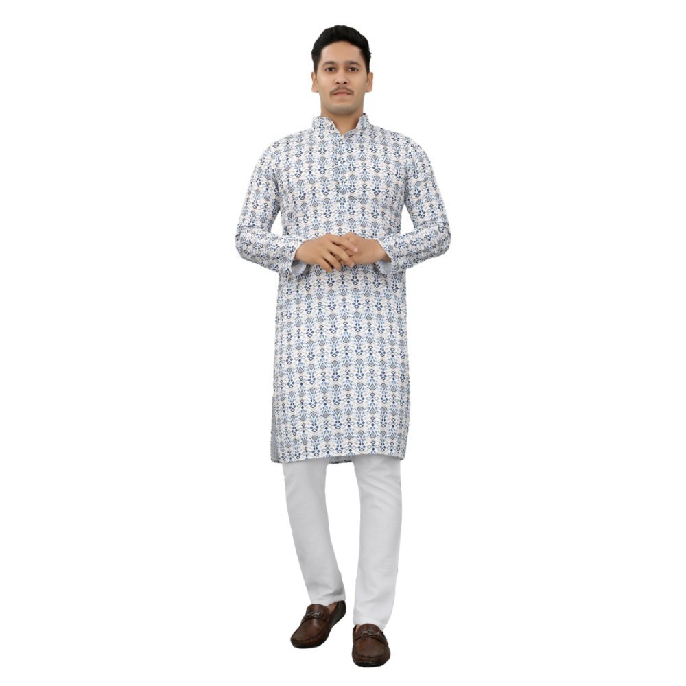 Men's Multi Color Full Sleeves Mandarin Collar Printed Ethnic Kurta Set