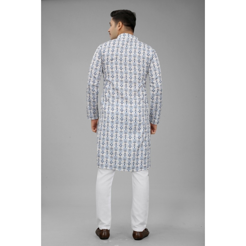 Men's Multi Color Full Sleeves Mandarin Collar Printed Ethnic Kurta Set