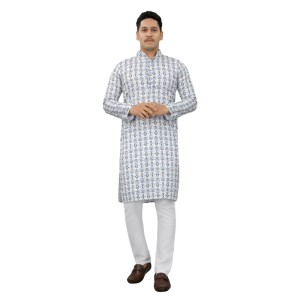 Men's Multi Color Full Sleeves Mandarin Collar Printed Ethnic Kurta Set