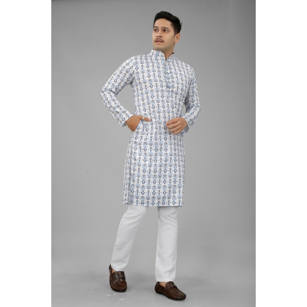 Men's Multi Color Full Sleeves Mandarin Collar Printed Ethnic Kurta Set
