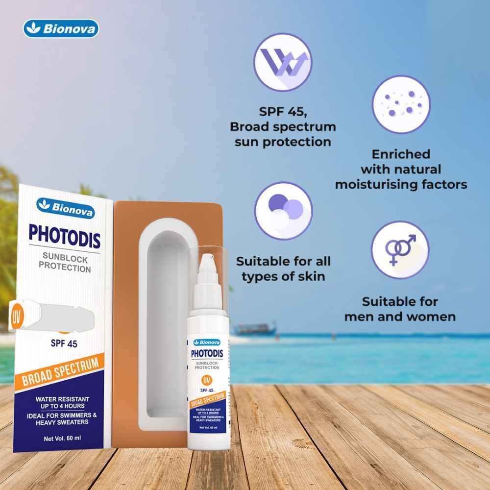 Photodis Sunscreen Lotion, Water Resistant With SPF-45 Ideal For Heavy Sweaters & Swimmers - 60ml