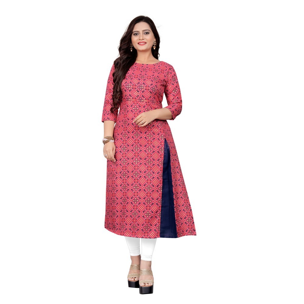 Women's Cotton Print with Foil Frontslit Kurti