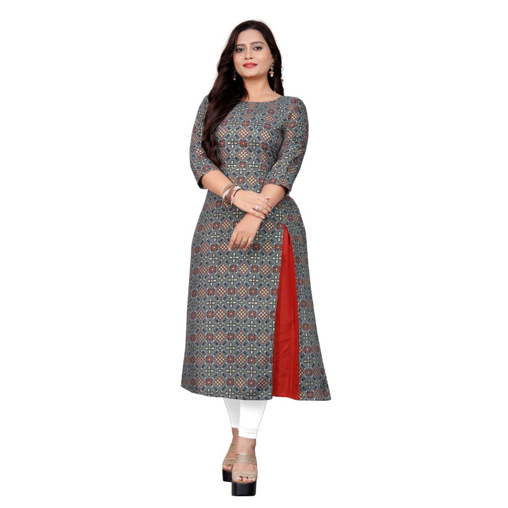 Women's Cotton Print with Foil Frontslit Kurti